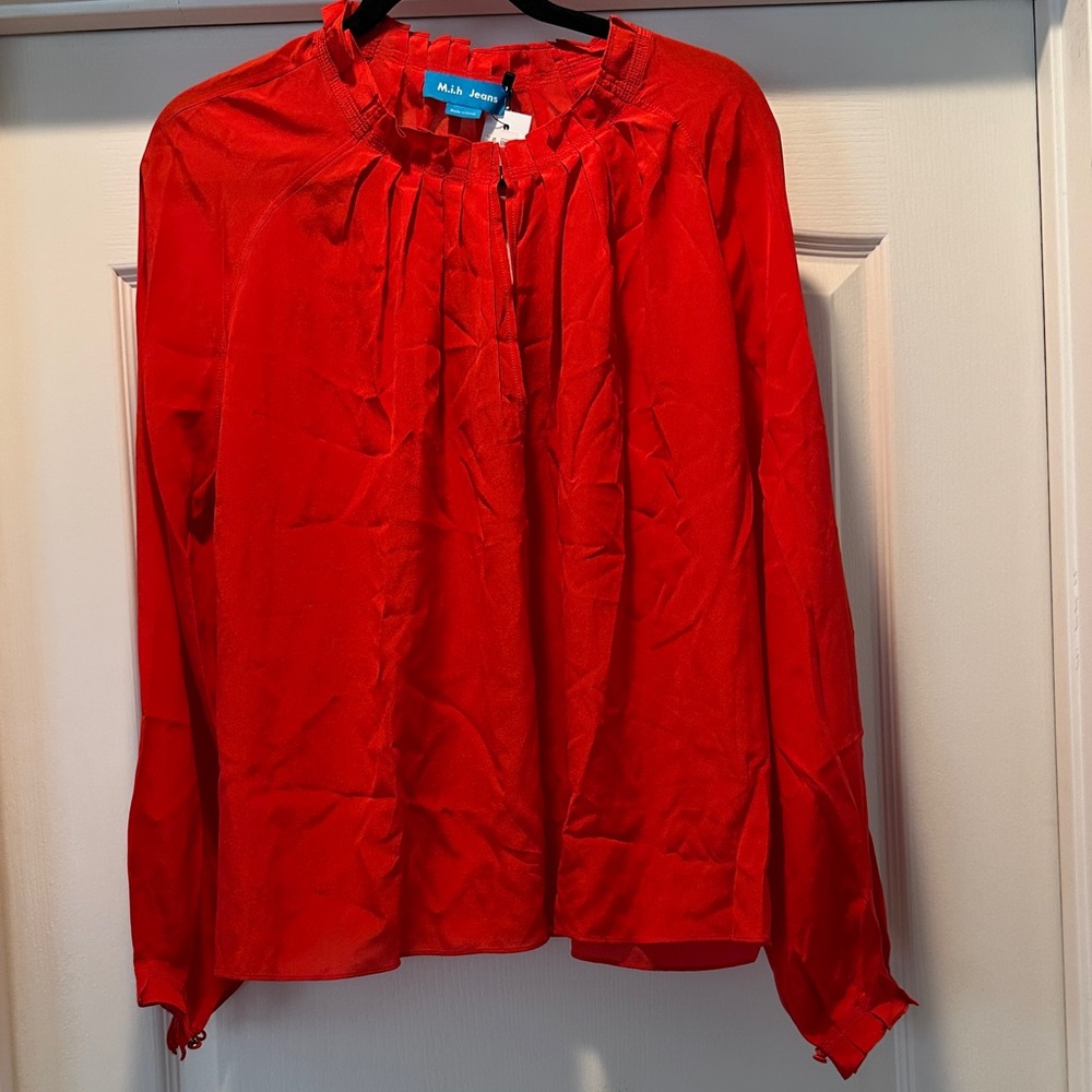 MM Lafleur Red Gathered-Neck Long Sleeve Blouse